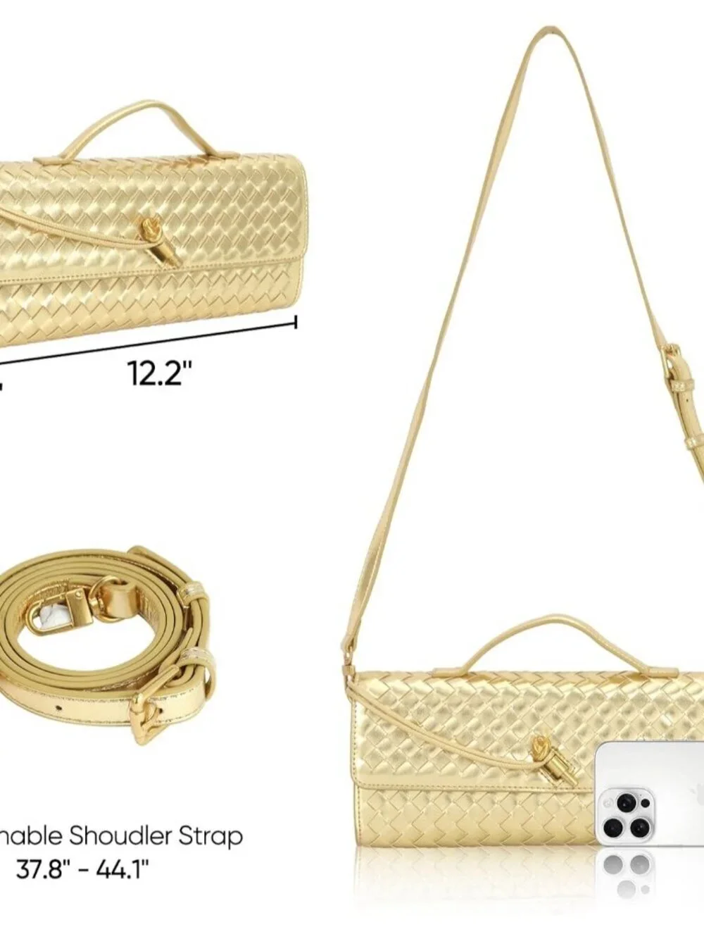 Women's Gold Pu Leather Clutch Twist Lock Stylish Evening Woven Purse Bag